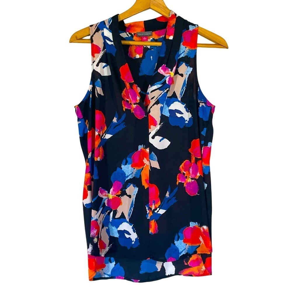 Vince Camuto Abstract Floral Sleeveless V-Neck Blouse Small Multicolor